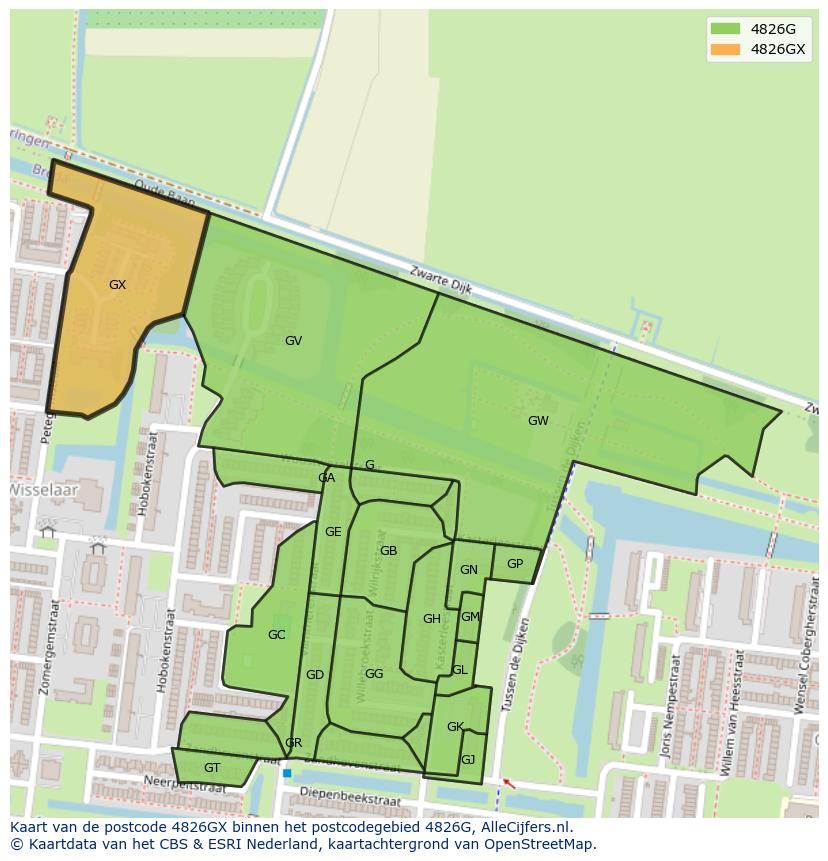 Afbeelding van het postcodegebied 4826 GX op de kaart.