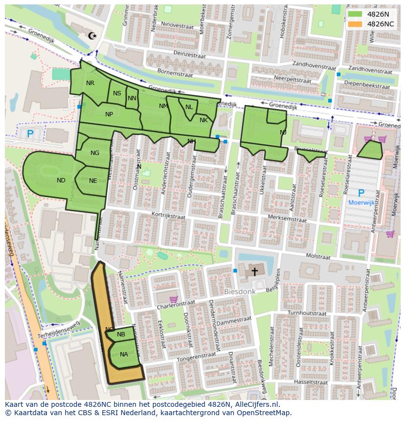 Afbeelding van het postcodegebied 4826 NC op de kaart.
