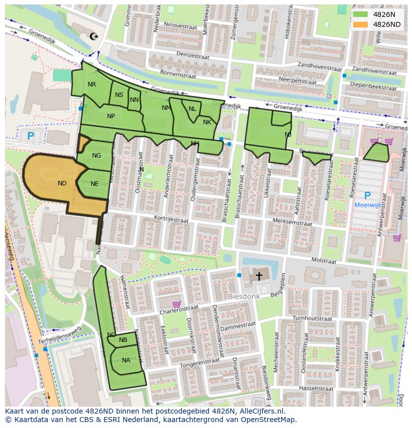 Afbeelding van het postcodegebied 4826 ND op de kaart.