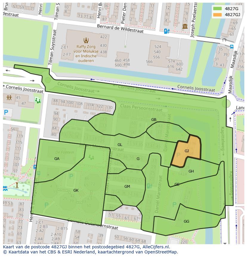 Afbeelding van het postcodegebied 4827 GJ op de kaart.