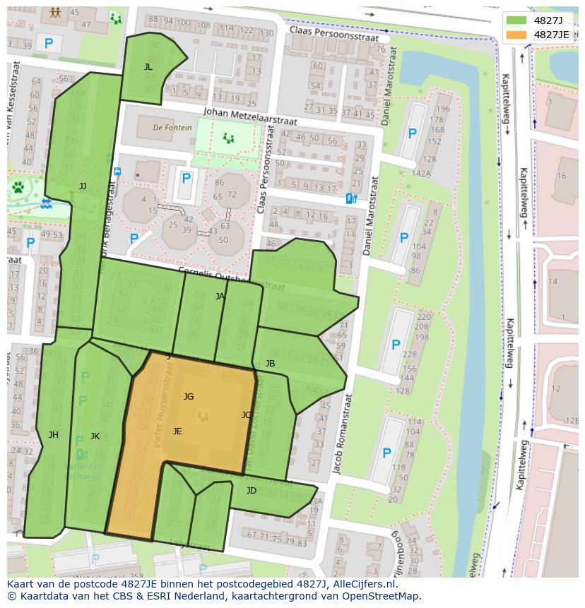 Afbeelding van het postcodegebied 4827 JE op de kaart.