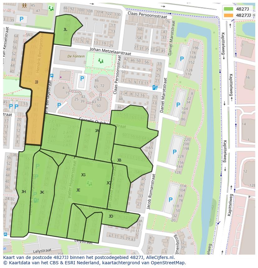 Afbeelding van het postcodegebied 4827 JJ op de kaart.