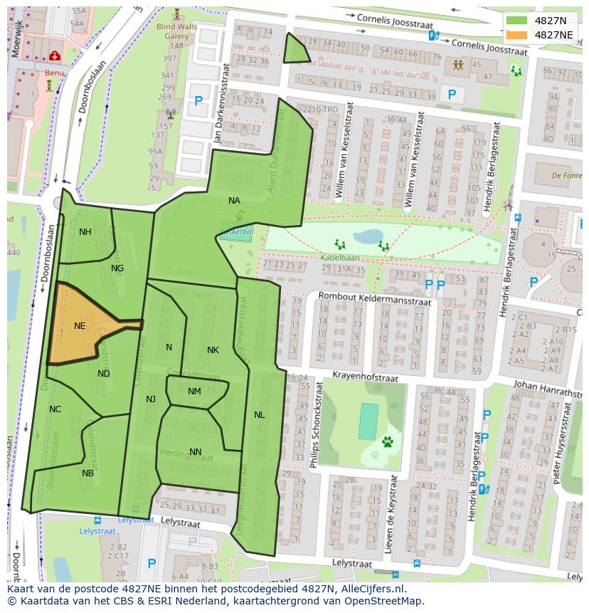 Afbeelding van het postcodegebied 4827 NE op de kaart.