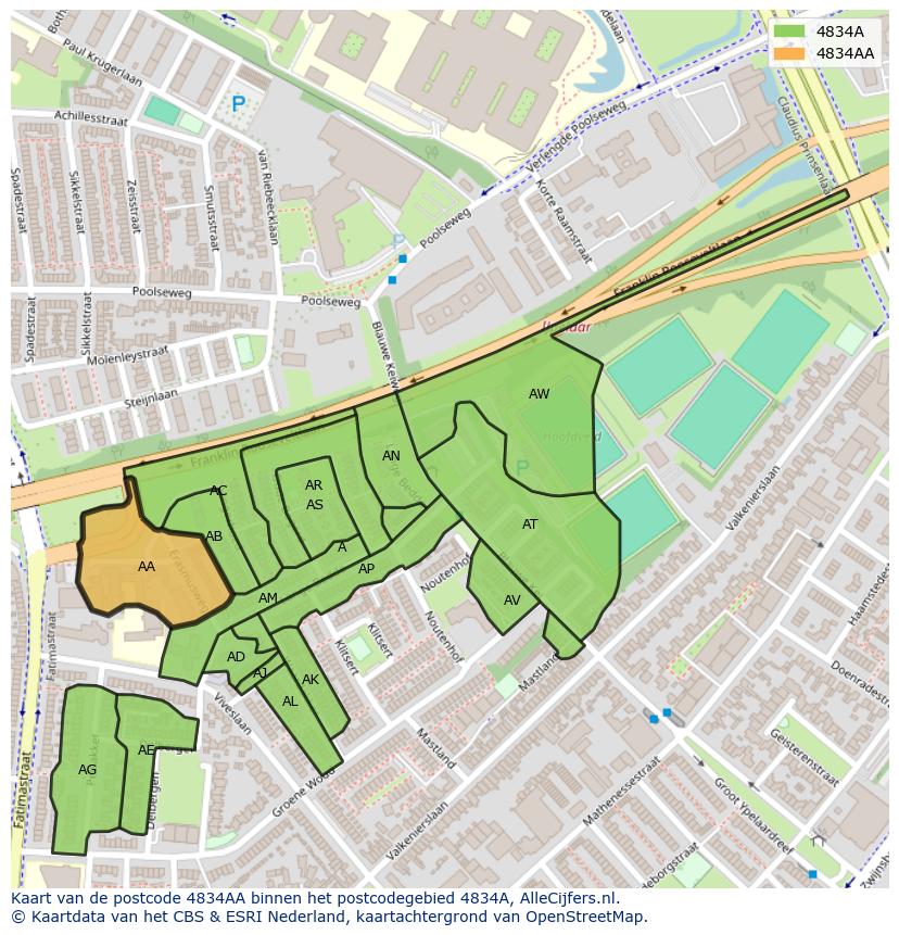 Afbeelding van het postcodegebied 4834 AA op de kaart.