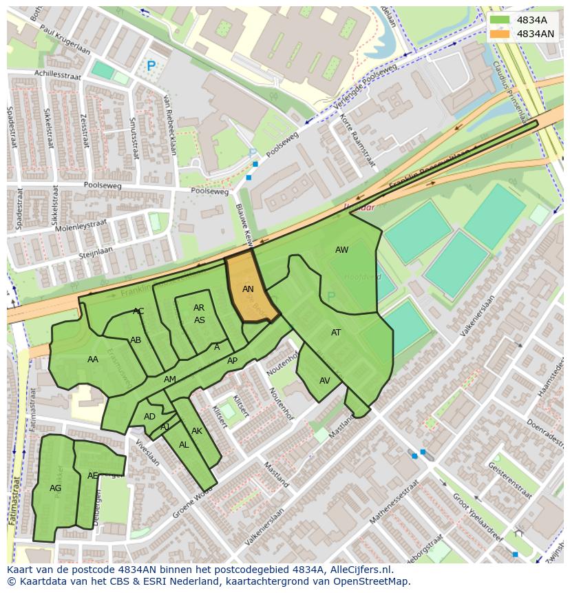 Afbeelding van het postcodegebied 4834 AN op de kaart.