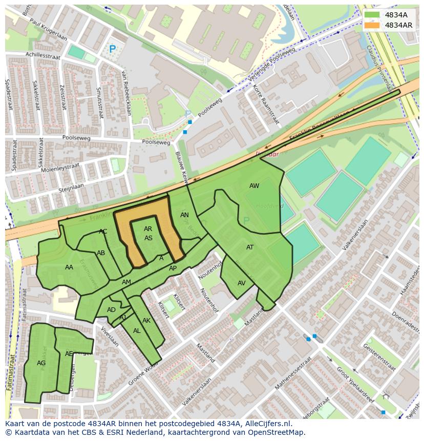 Afbeelding van het postcodegebied 4834 AR op de kaart.