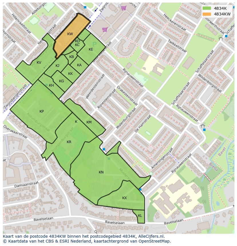 Afbeelding van het postcodegebied 4834 KW op de kaart.