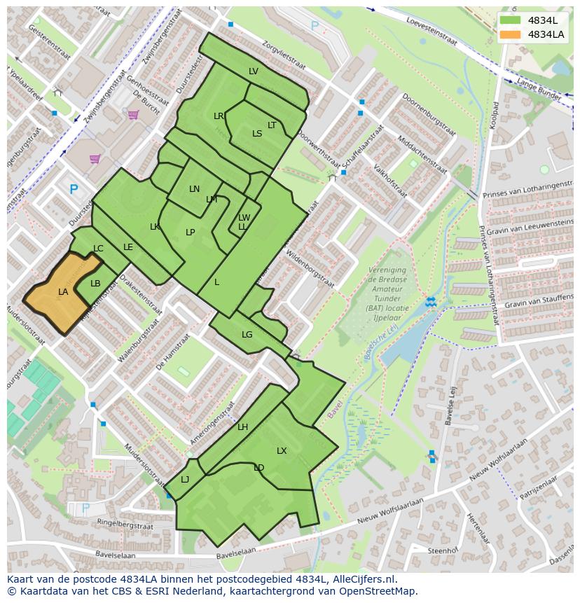 Afbeelding van het postcodegebied 4834 LA op de kaart.