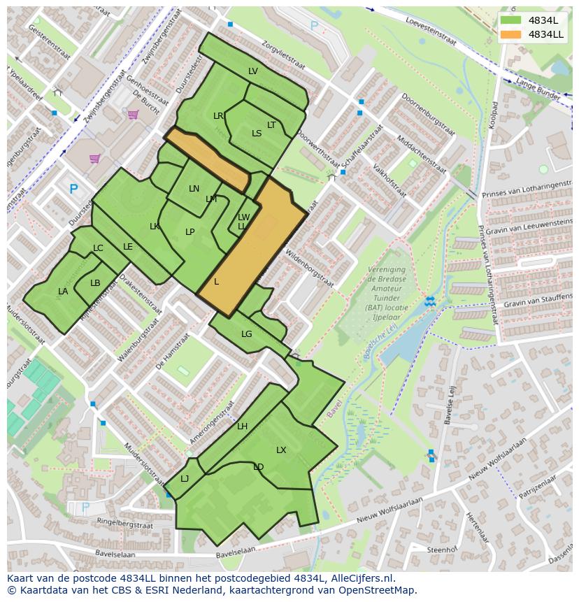 Afbeelding van het postcodegebied 4834 LL op de kaart.