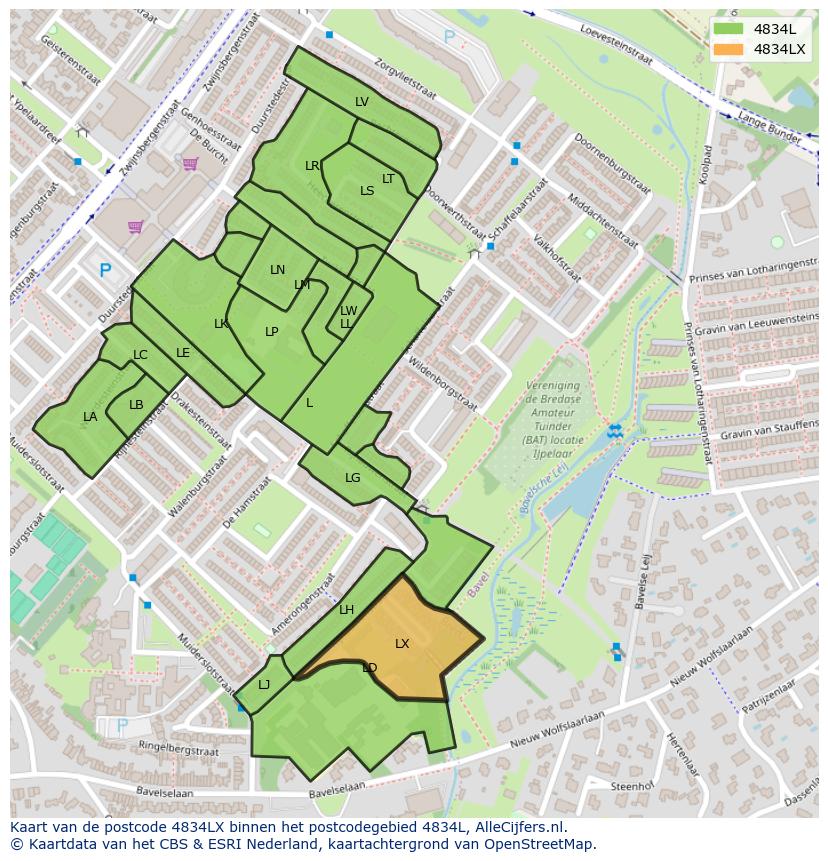 Afbeelding van het postcodegebied 4834 LX op de kaart.