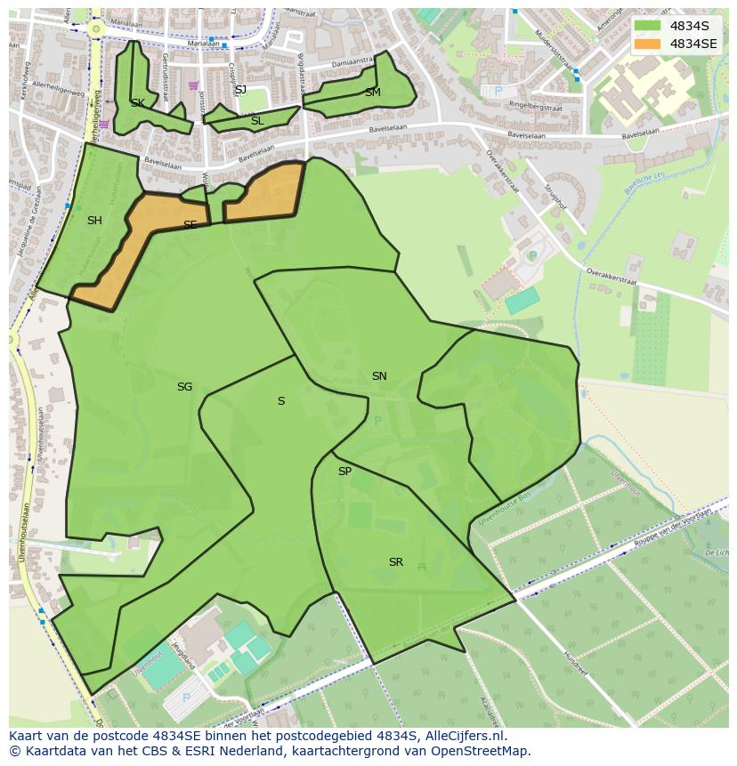 Afbeelding van het postcodegebied 4834 SE op de kaart.