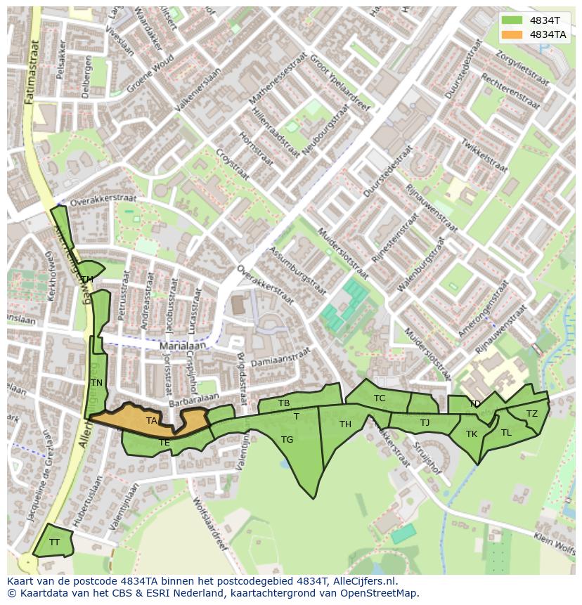Afbeelding van het postcodegebied 4834 TA op de kaart.