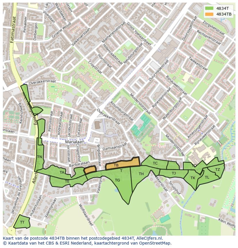Afbeelding van het postcodegebied 4834 TB op de kaart.