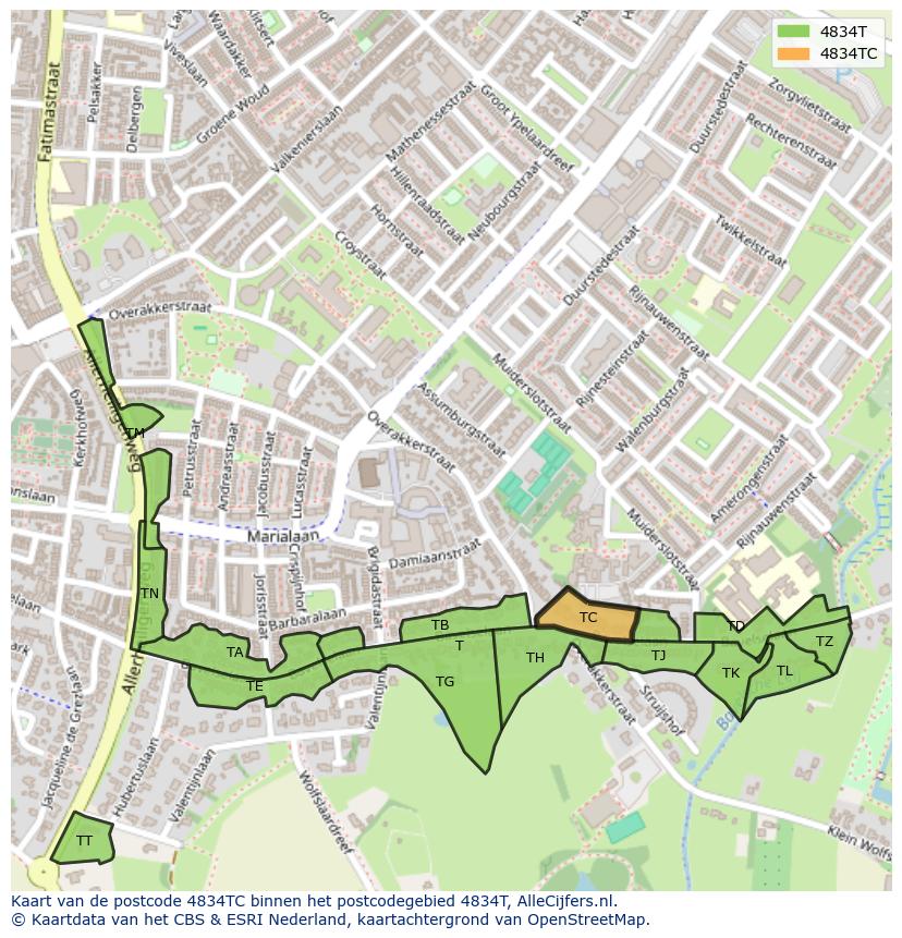 Afbeelding van het postcodegebied 4834 TC op de kaart.