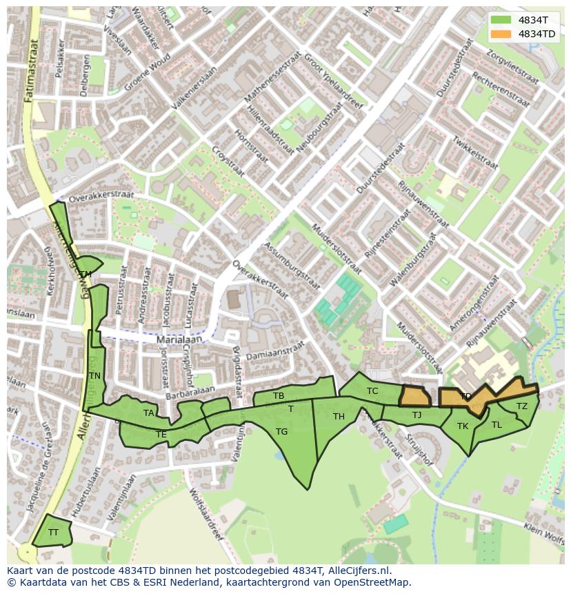 Afbeelding van het postcodegebied 4834 TD op de kaart.