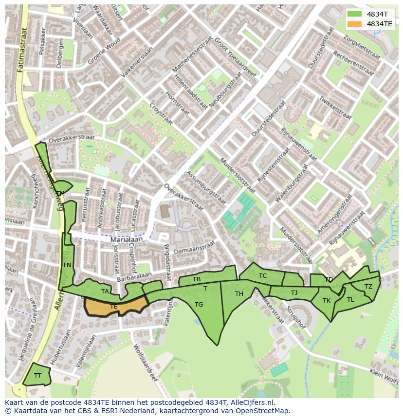 Afbeelding van het postcodegebied 4834 TE op de kaart.