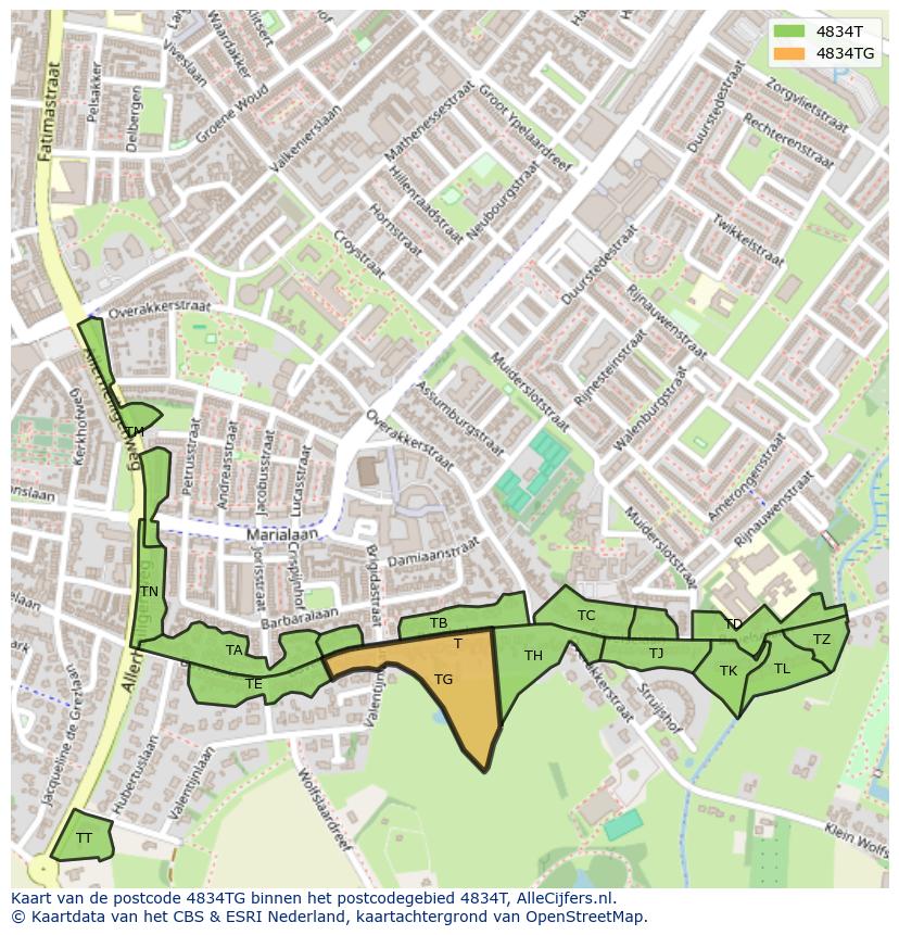 Afbeelding van het postcodegebied 4834 TG op de kaart.