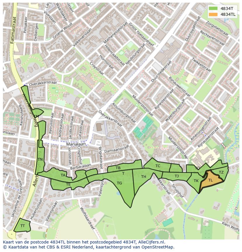 Afbeelding van het postcodegebied 4834 TL op de kaart.