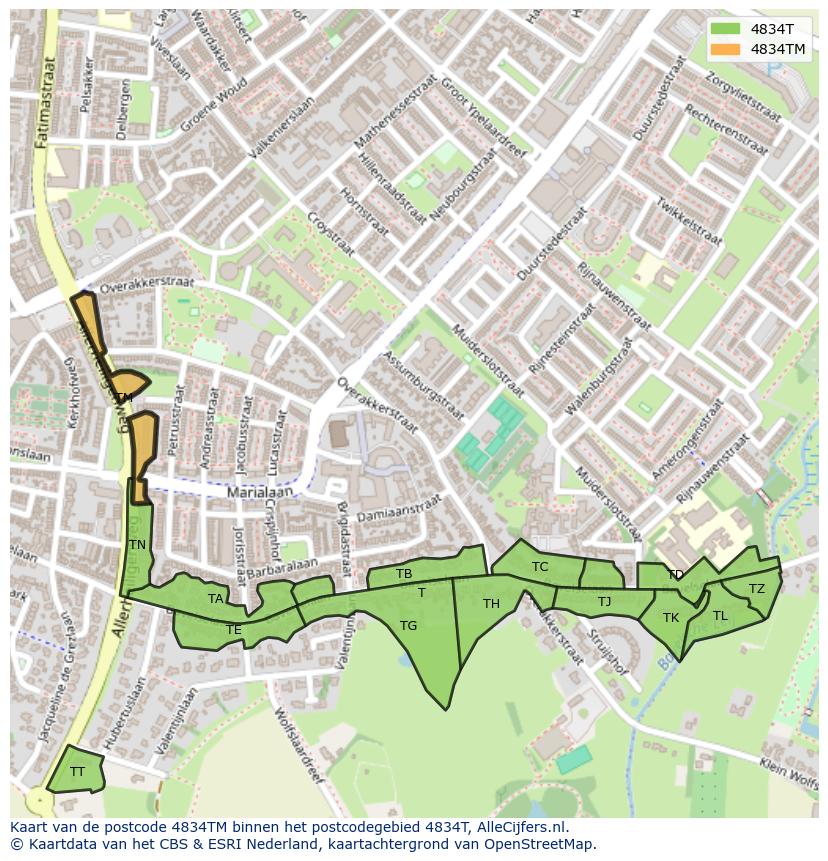 Afbeelding van het postcodegebied 4834 TM op de kaart.