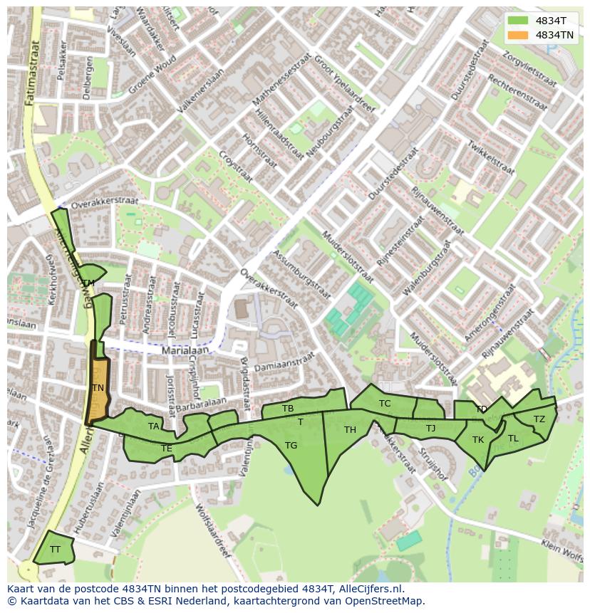 Afbeelding van het postcodegebied 4834 TN op de kaart.