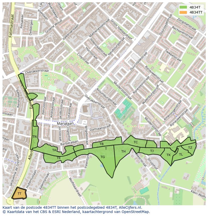 Afbeelding van het postcodegebied 4834 TT op de kaart.