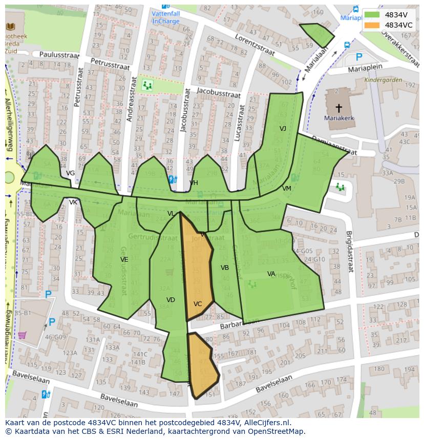 Afbeelding van het postcodegebied 4834 VC op de kaart.