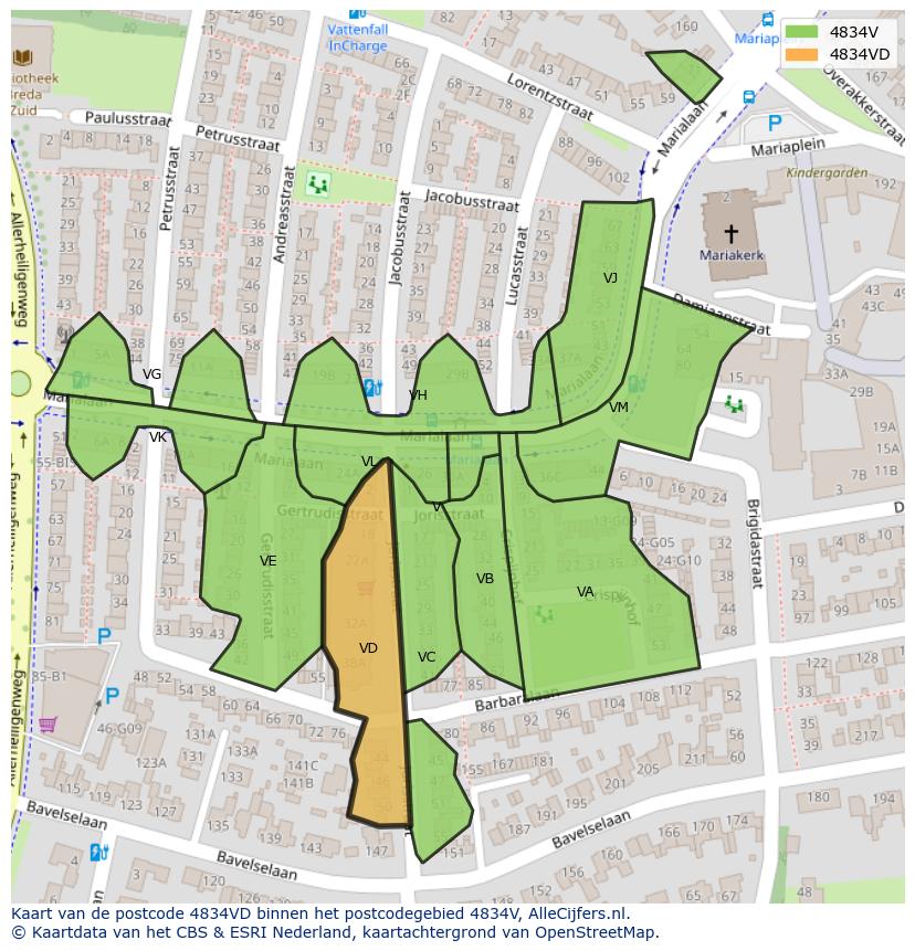 Afbeelding van het postcodegebied 4834 VD op de kaart.