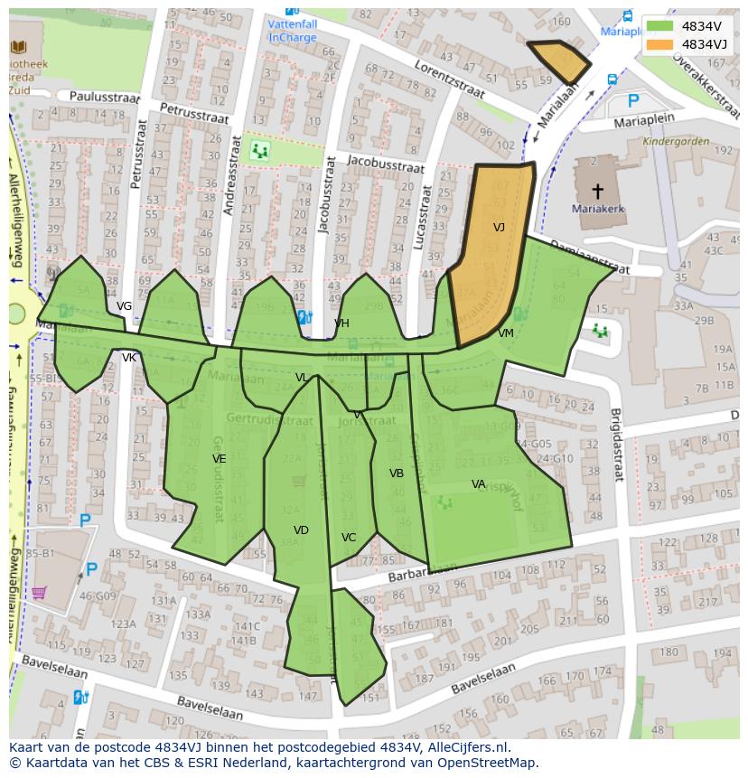 Afbeelding van het postcodegebied 4834 VJ op de kaart.