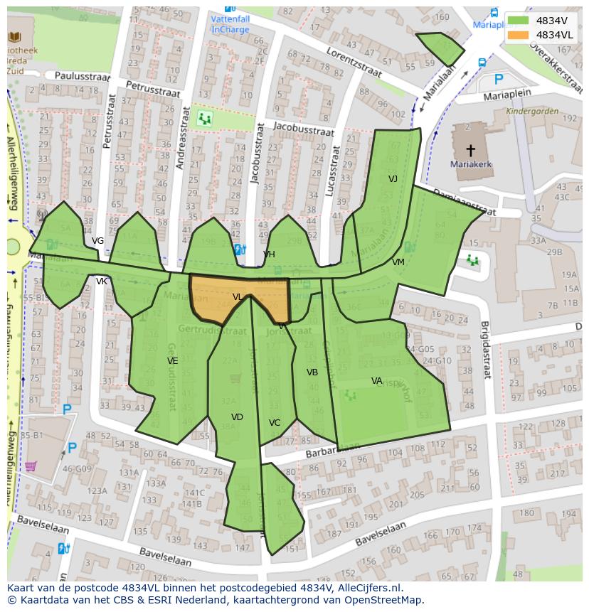 Afbeelding van het postcodegebied 4834 VL op de kaart.