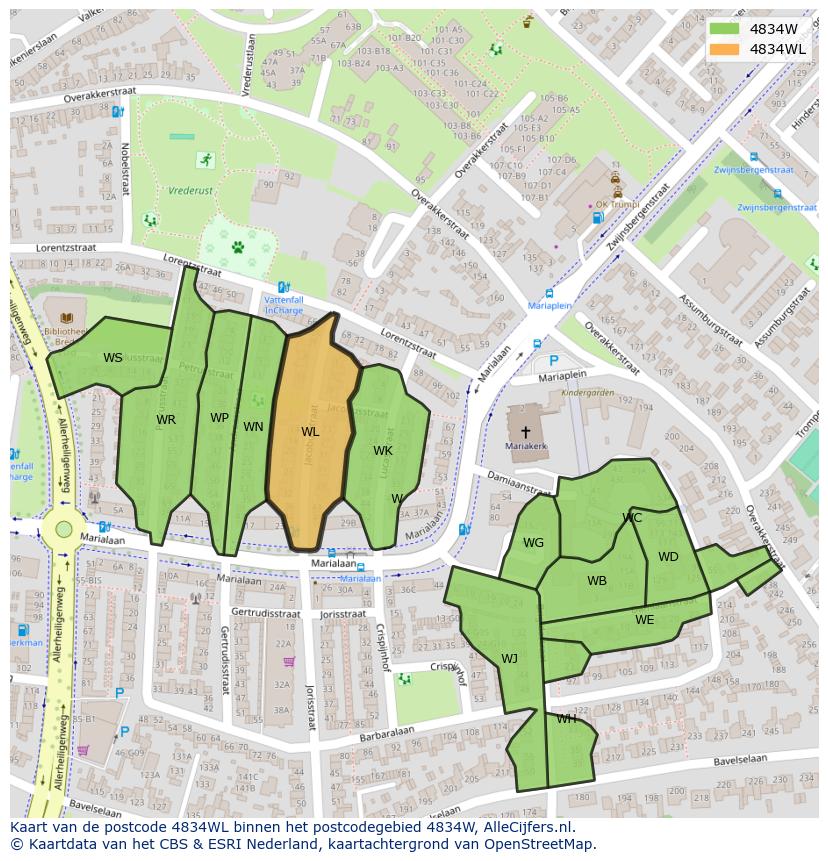 Afbeelding van het postcodegebied 4834 WL op de kaart.