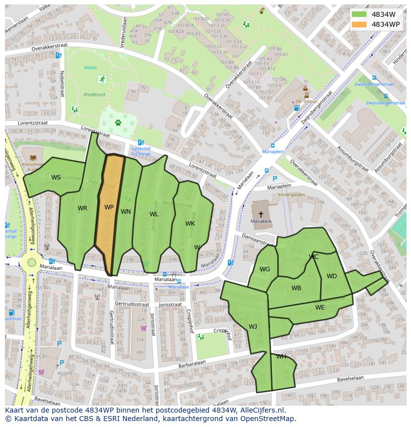 Afbeelding van het postcodegebied 4834 WP op de kaart.