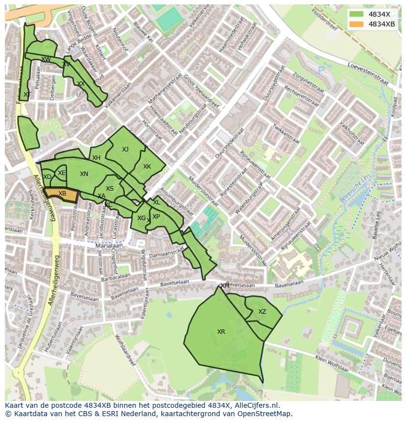 Afbeelding van het postcodegebied 4834 XB op de kaart.