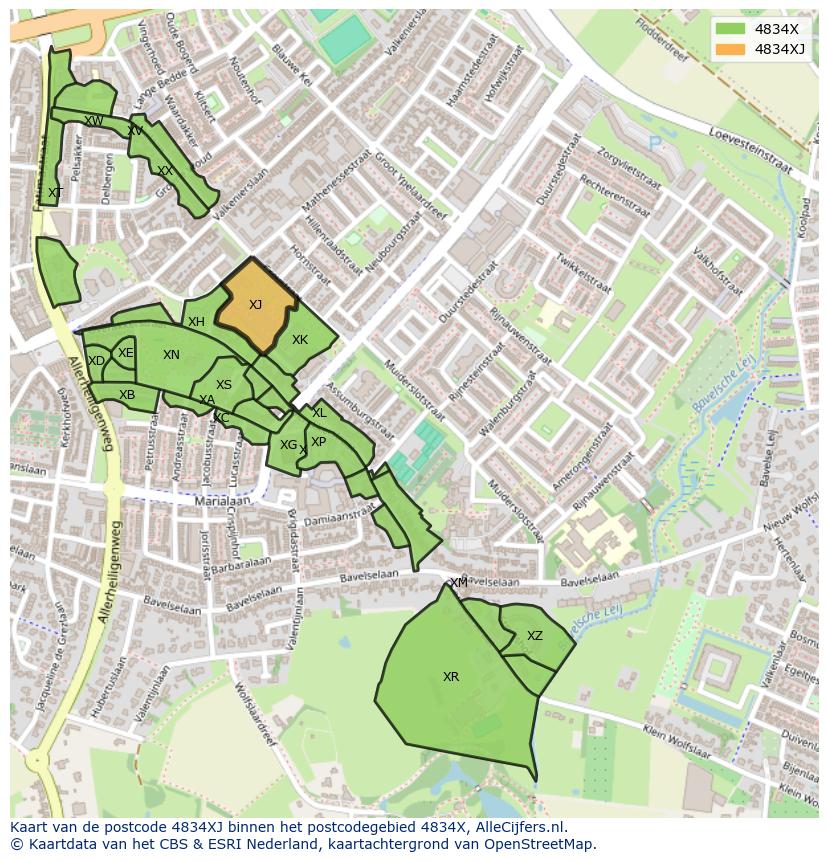 Afbeelding van het postcodegebied 4834 XJ op de kaart.