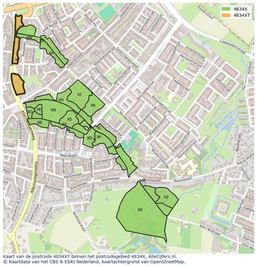 Afbeelding van het postcodegebied 4834 XT op de kaart.