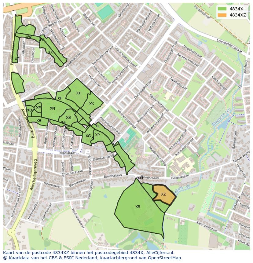 Afbeelding van het postcodegebied 4834 XZ op de kaart.