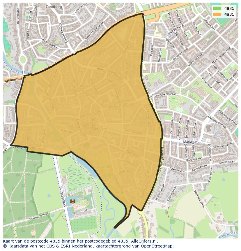Afbeelding van het postcodegebied 4835 op de kaart.