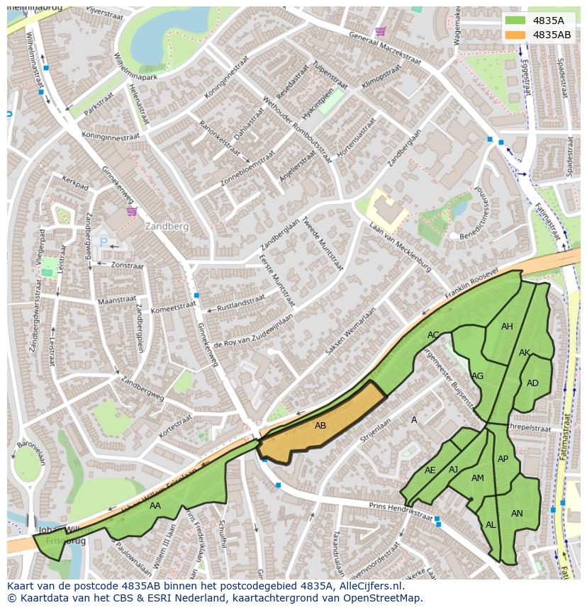 Afbeelding van het postcodegebied 4835 AB op de kaart.