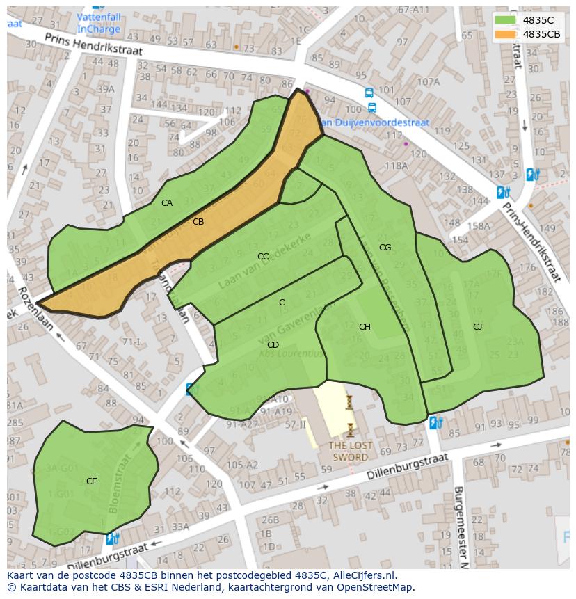 Afbeelding van het postcodegebied 4835 CB op de kaart.