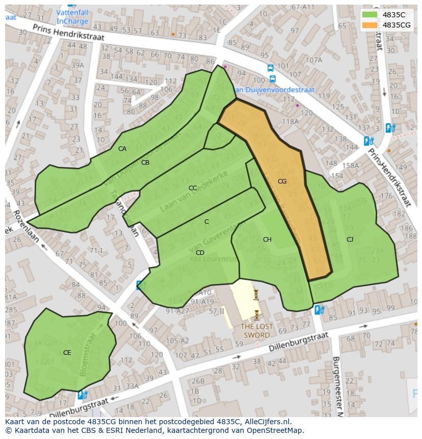 Afbeelding van het postcodegebied 4835 CG op de kaart.
