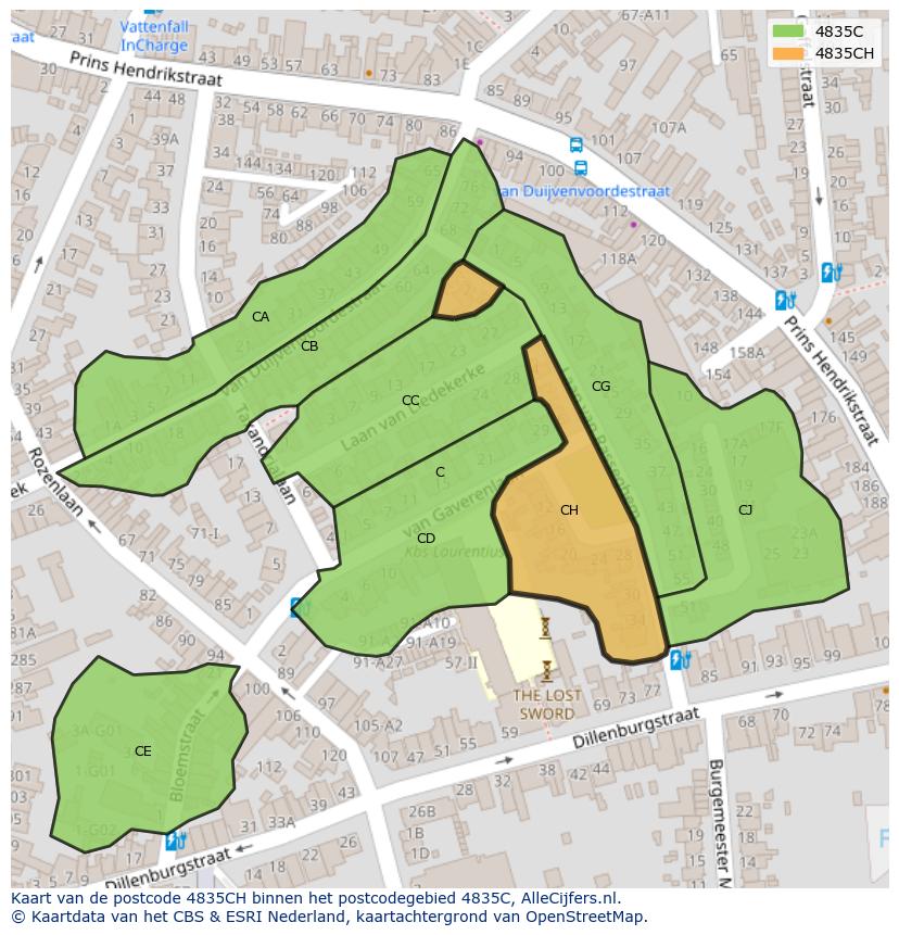 Afbeelding van het postcodegebied 4835 CH op de kaart.