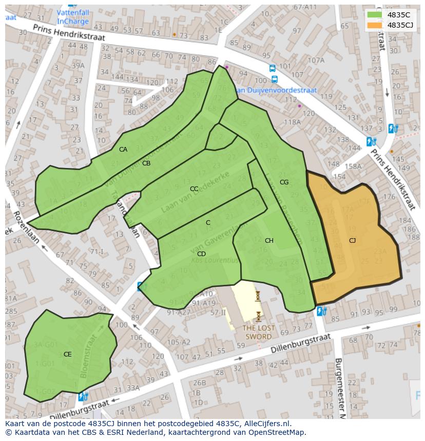 Afbeelding van het postcodegebied 4835 CJ op de kaart.