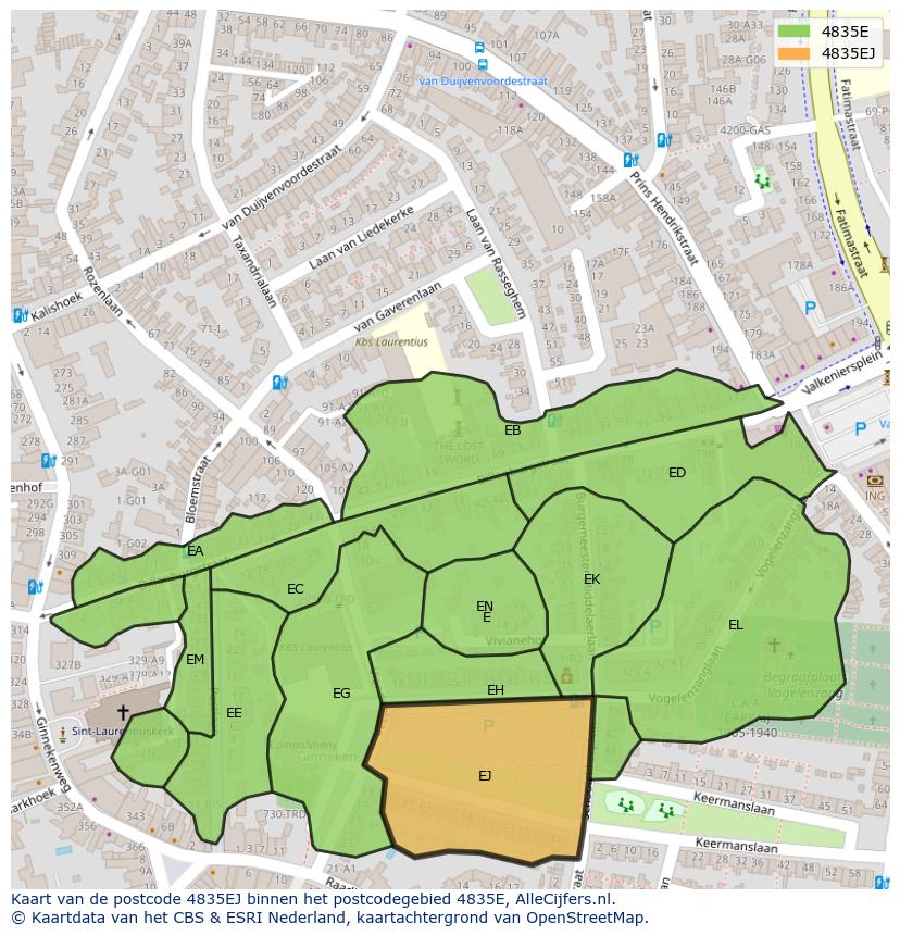 Afbeelding van het postcodegebied 4835 EJ op de kaart.
