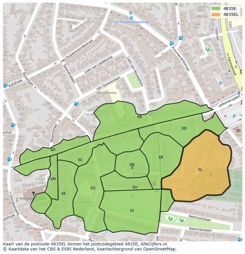 Afbeelding van het postcodegebied 4835 EL op de kaart.