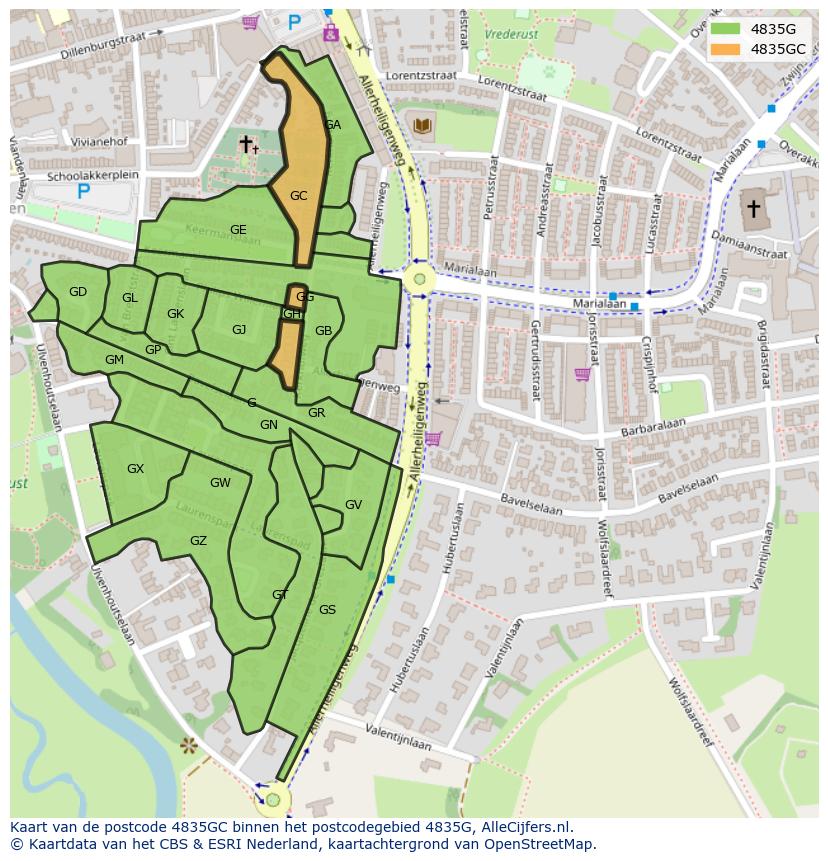 Afbeelding van het postcodegebied 4835 GC op de kaart.