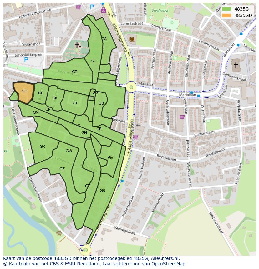 Afbeelding van het postcodegebied 4835 GD op de kaart.