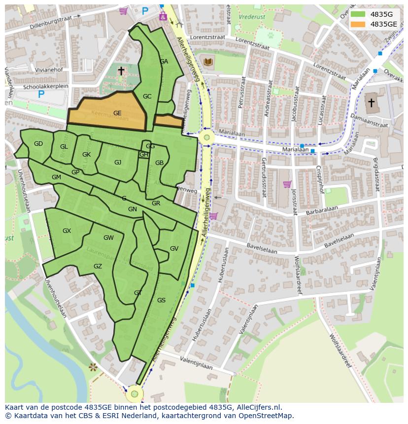 Afbeelding van het postcodegebied 4835 GE op de kaart.