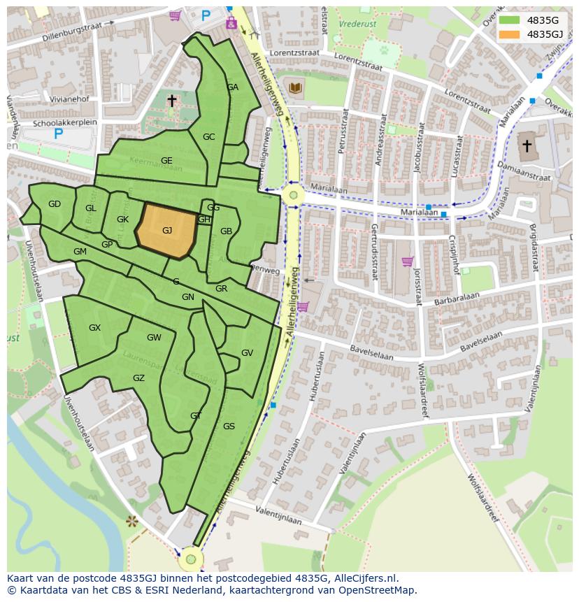 Afbeelding van het postcodegebied 4835 GJ op de kaart.
