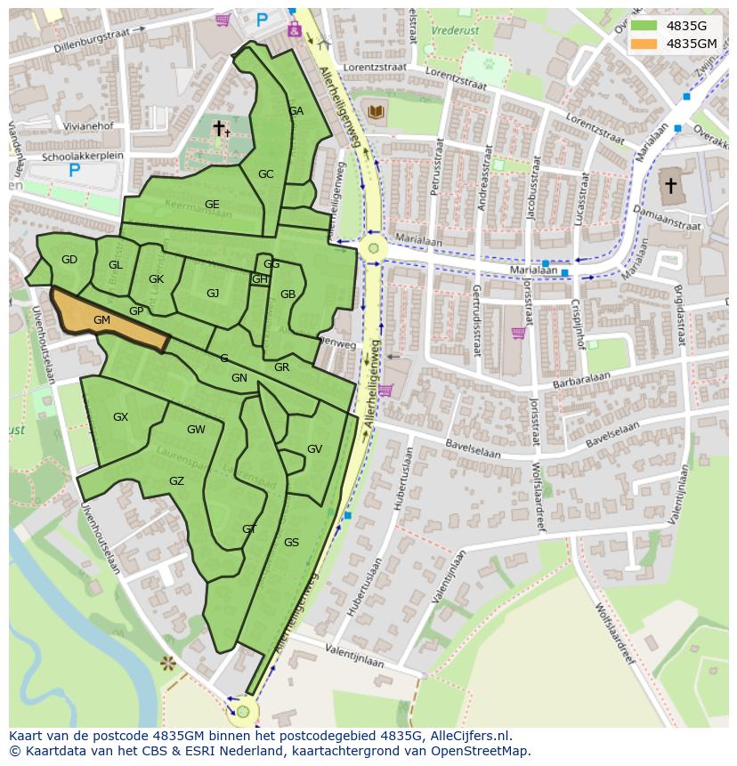 Afbeelding van het postcodegebied 4835 GM op de kaart.
