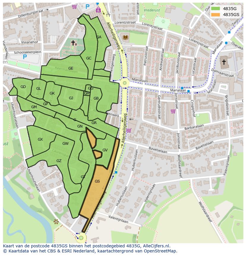 Afbeelding van het postcodegebied 4835 GS op de kaart.