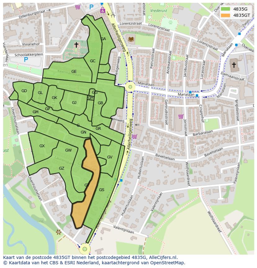 Afbeelding van het postcodegebied 4835 GT op de kaart.